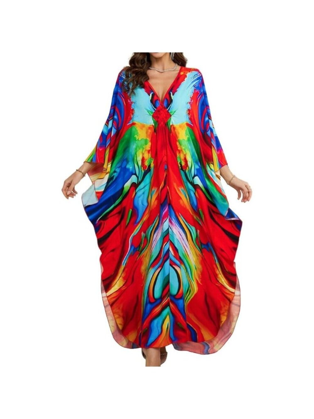 Womens Red Vivid Print V-Neck Batwing Sleeves Summer Beach Cover Up Kaftan Dress